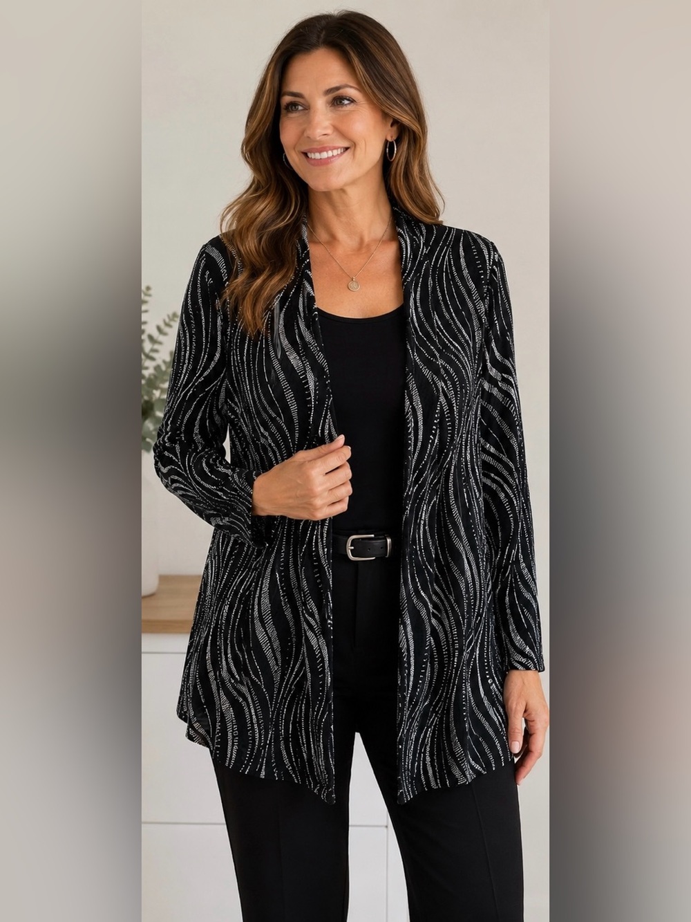 Notations Open Front Abstract Classic Blazer Cardigan Black Silver Party